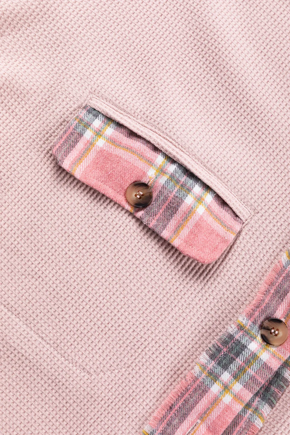 Apricot Pink Plaid Raw Edge High Low Waffle Knit Oversized Shacket