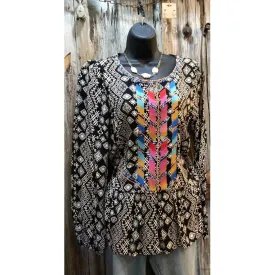 Black & Ivory Print Top with Embroidery Long Sleeves