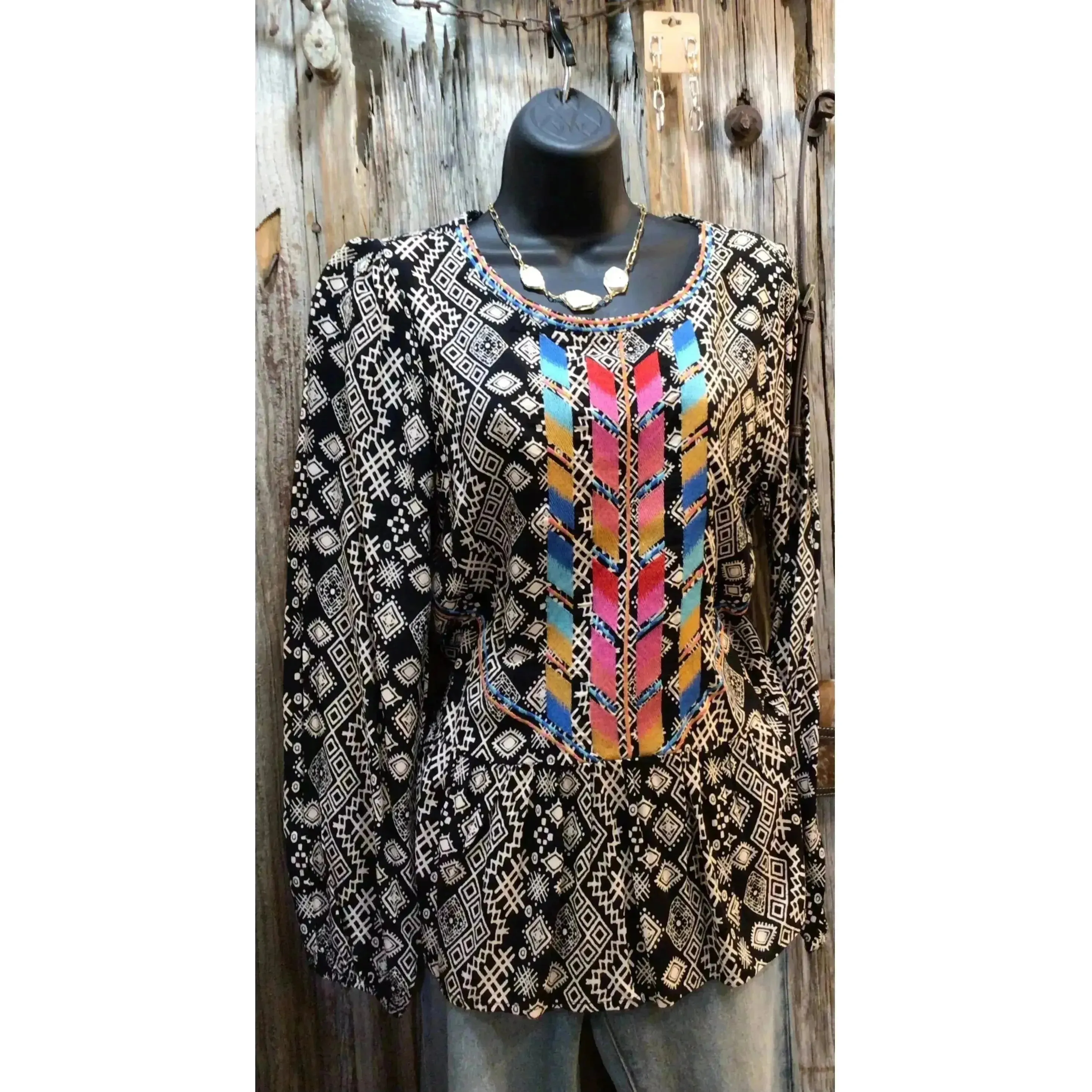 Black & Ivory Print Top with Embroidery Long Sleeves