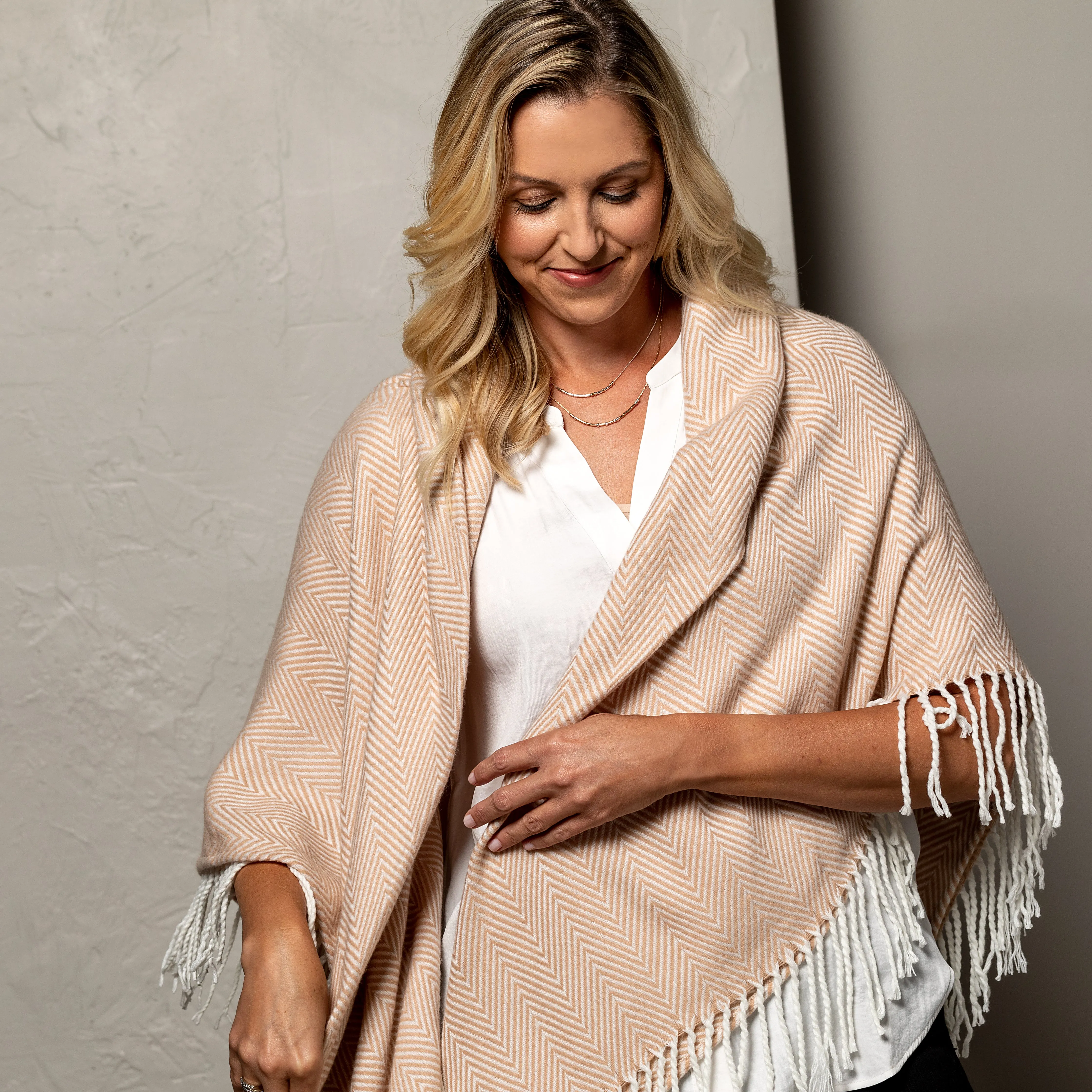 Blanket Wrap Shawl - Camel/Cream