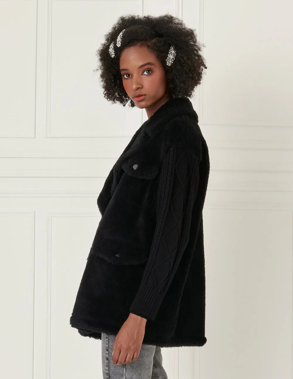 BORA AKSU Knit-Paneled Grain Fleece Coat