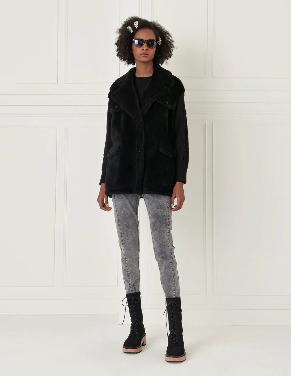 BORA AKSU Knit-Paneled Grain Fleece Coat