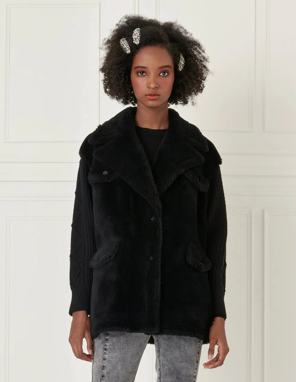 BORA AKSU Knit-Paneled Grain Fleece Coat