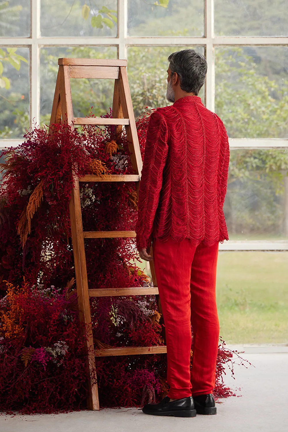 Crimson Thread Shred Beaded Bandhgala with Pants