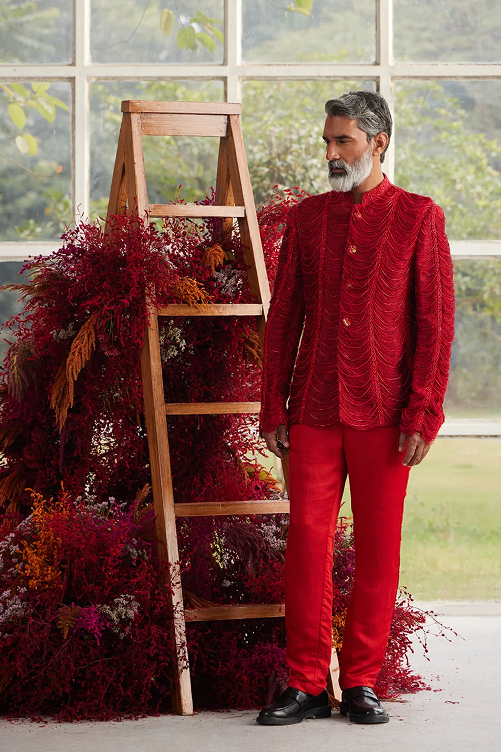 Crimson Thread Shred Beaded Bandhgala with Pants