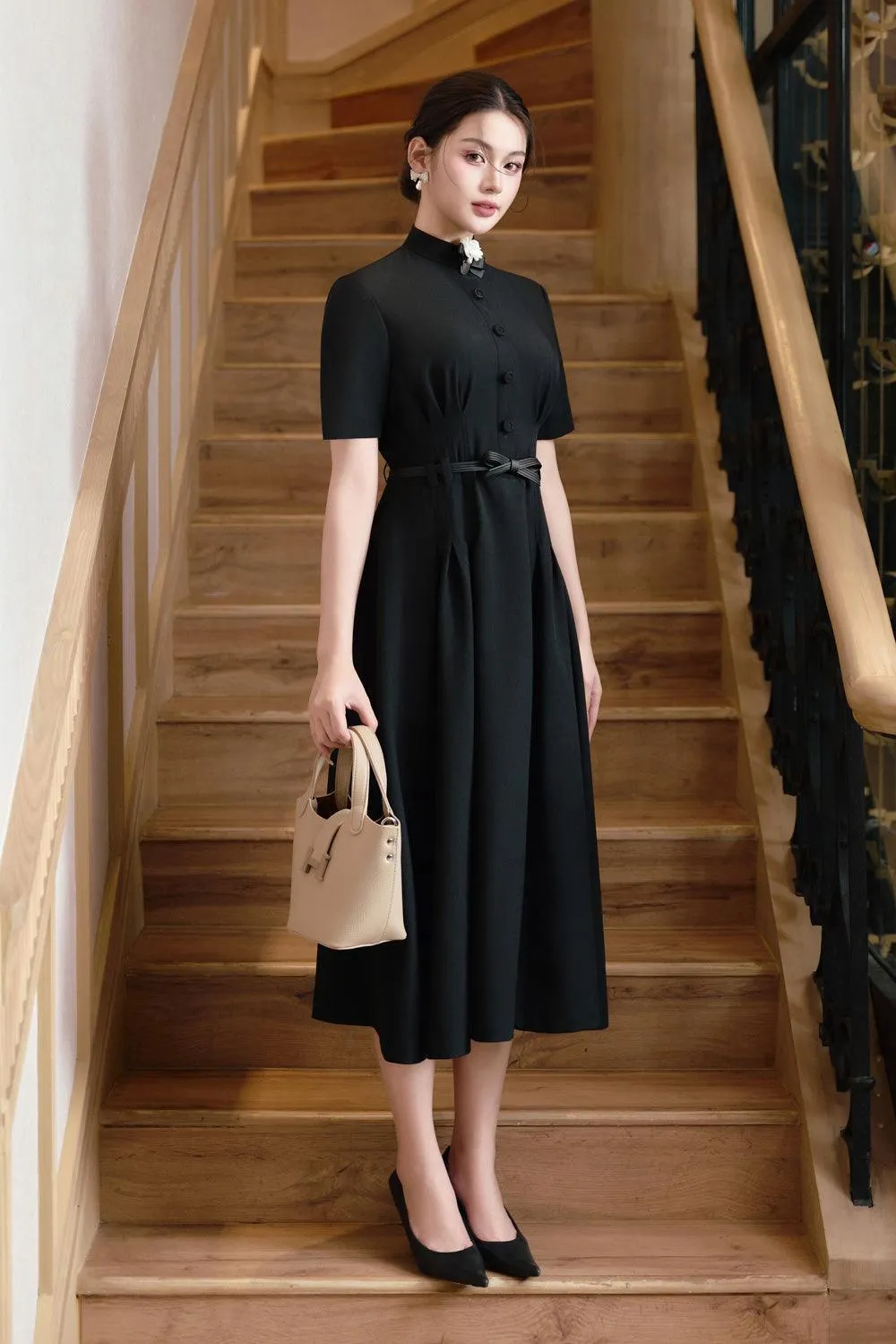 Enoch A-line High Neck Linen Cotton Midi Dress