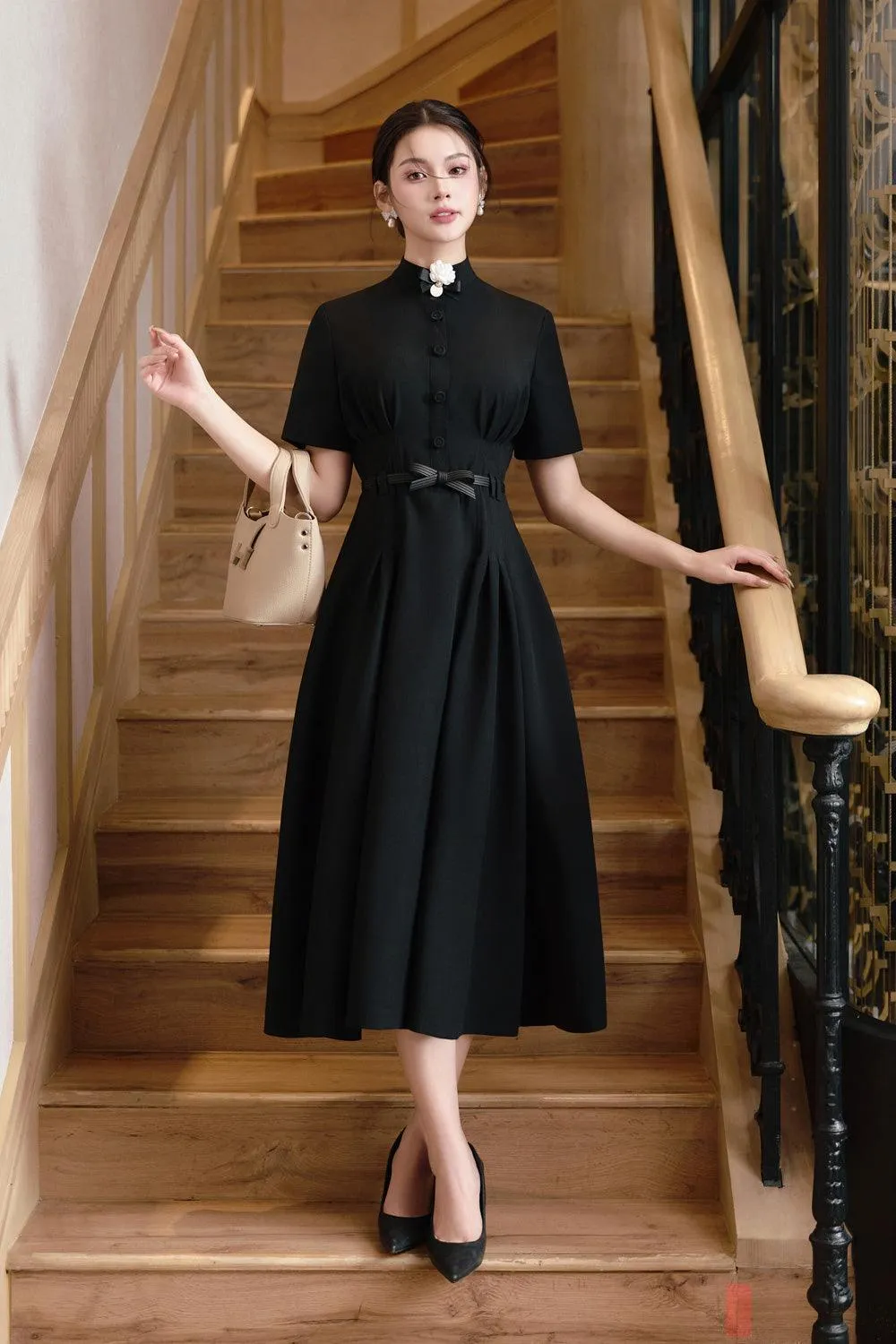 Enoch A-line High Neck Linen Cotton Midi Dress