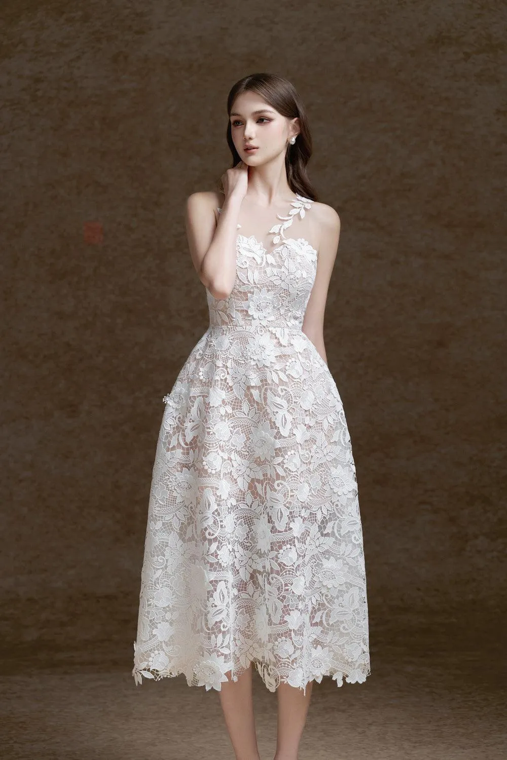 Erica A-line Illusion Neck Lace Midi Dress