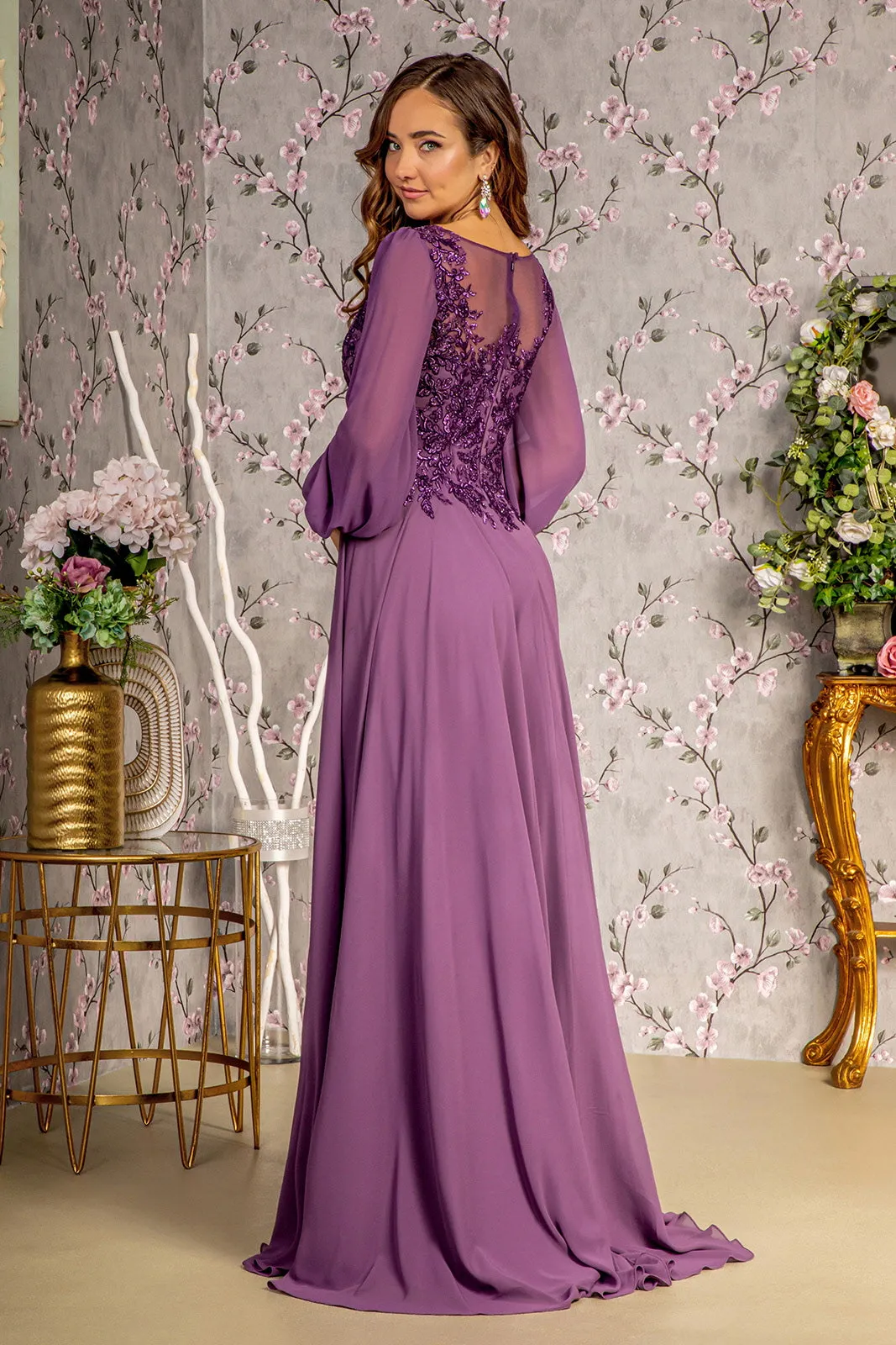 GLS BY GLORIA GL3363 Beaded Illusion Bateau Formal Dress