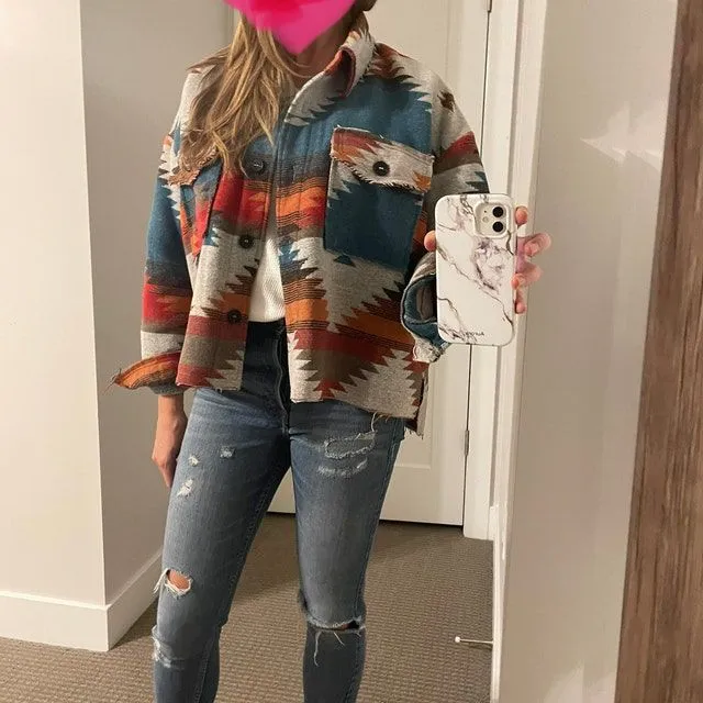 Hippie Tribal Western Retro Aztec Print Pattern Jacket Houndstooth Shacket