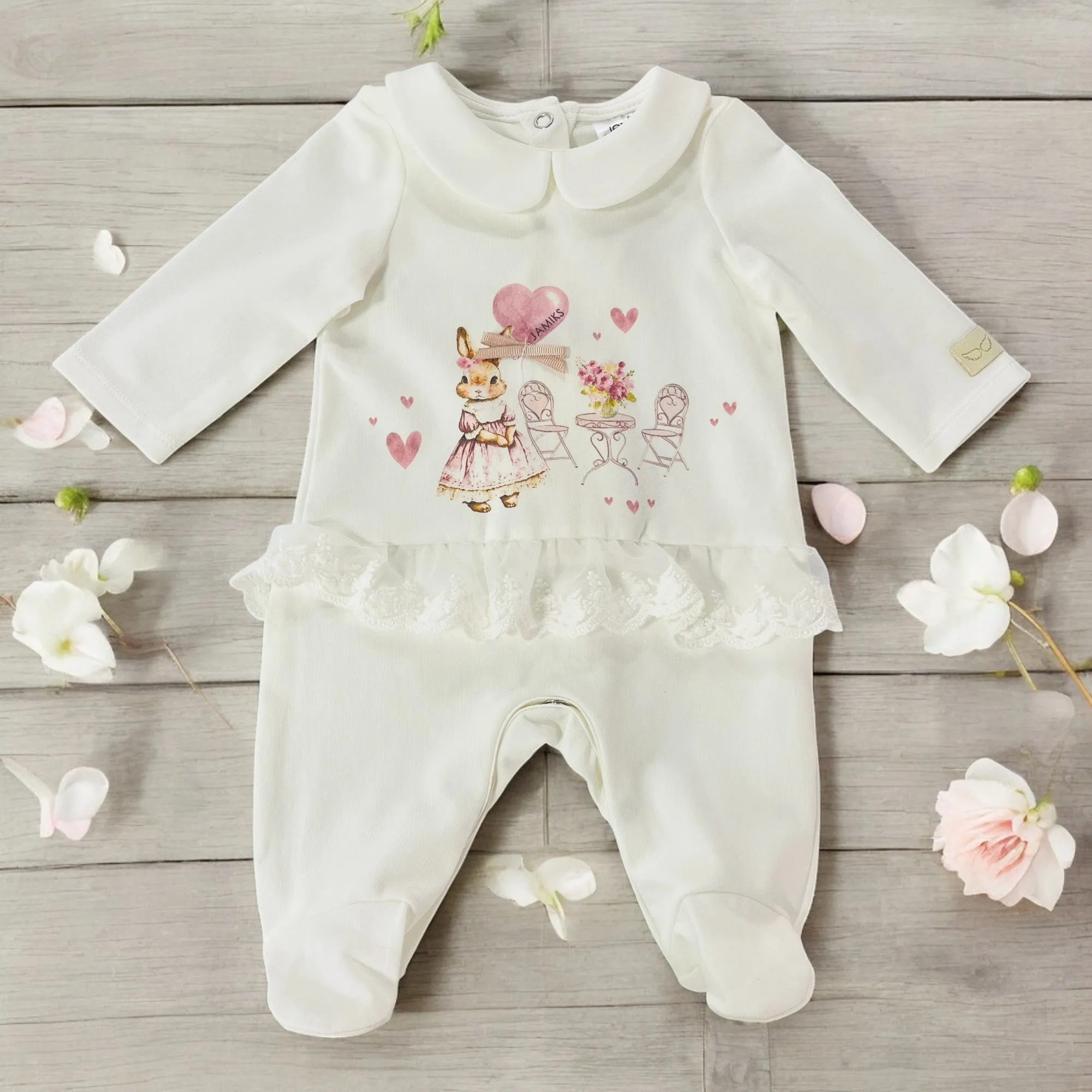 Ivory & Pink Bunny Tea Party Sleepsuit