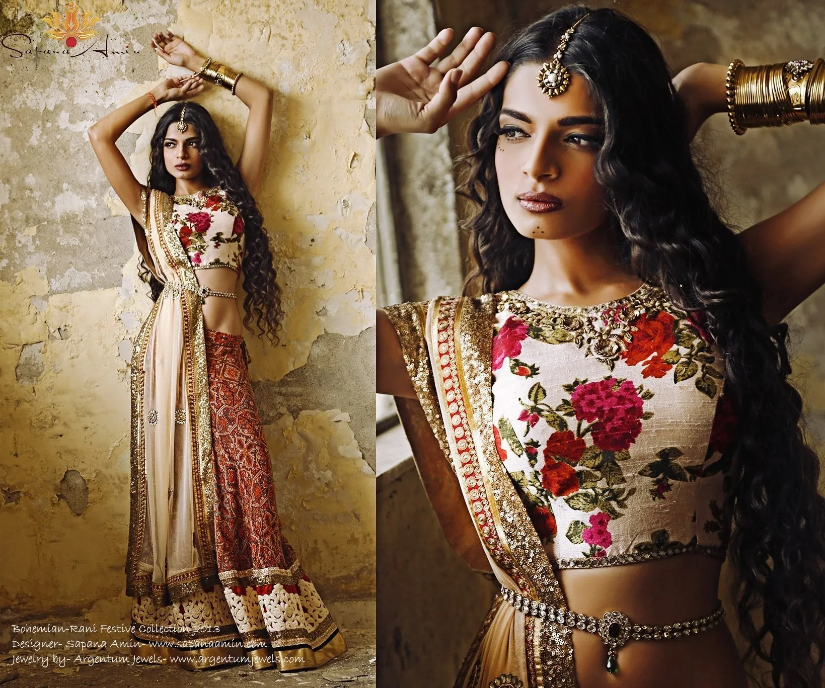 Ivory Floral Blouse & Red Tribal Print Lehenga