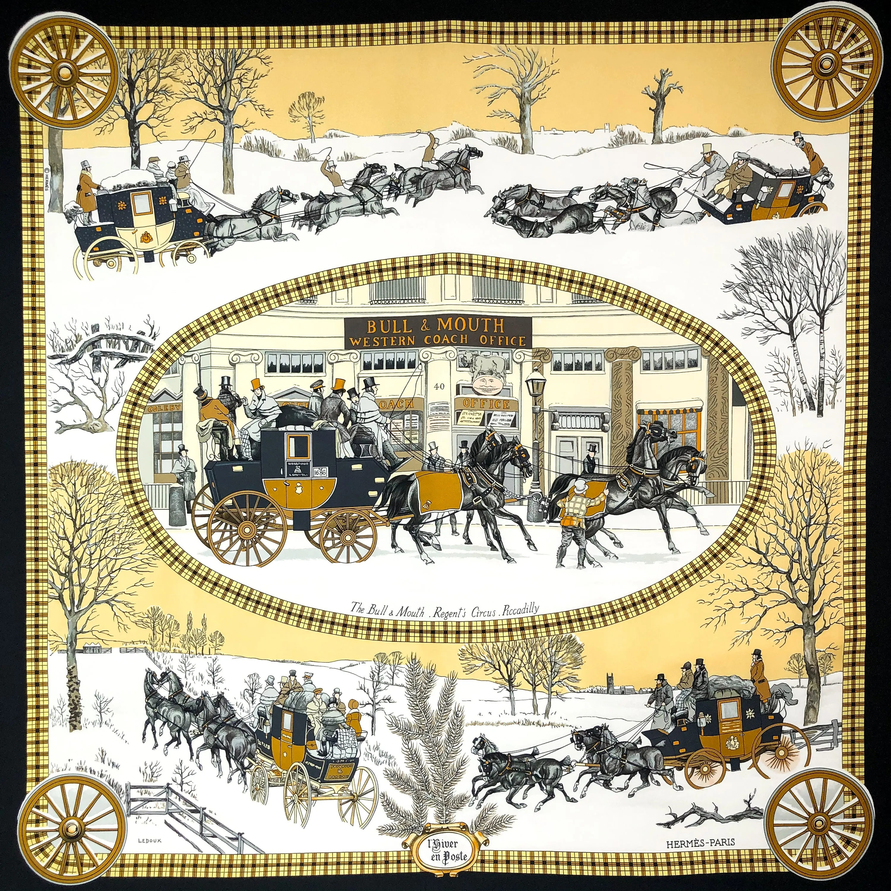 L'Hiver en Poste Hermes Scarf by Philippe Ledoux 90 cm Silk w/Black Border