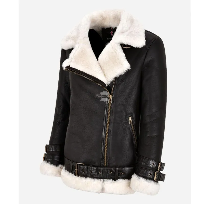 Luxury Side Zip Sheepskin Pilot Jacket Women Shearling Fur b3 RAF Jacket