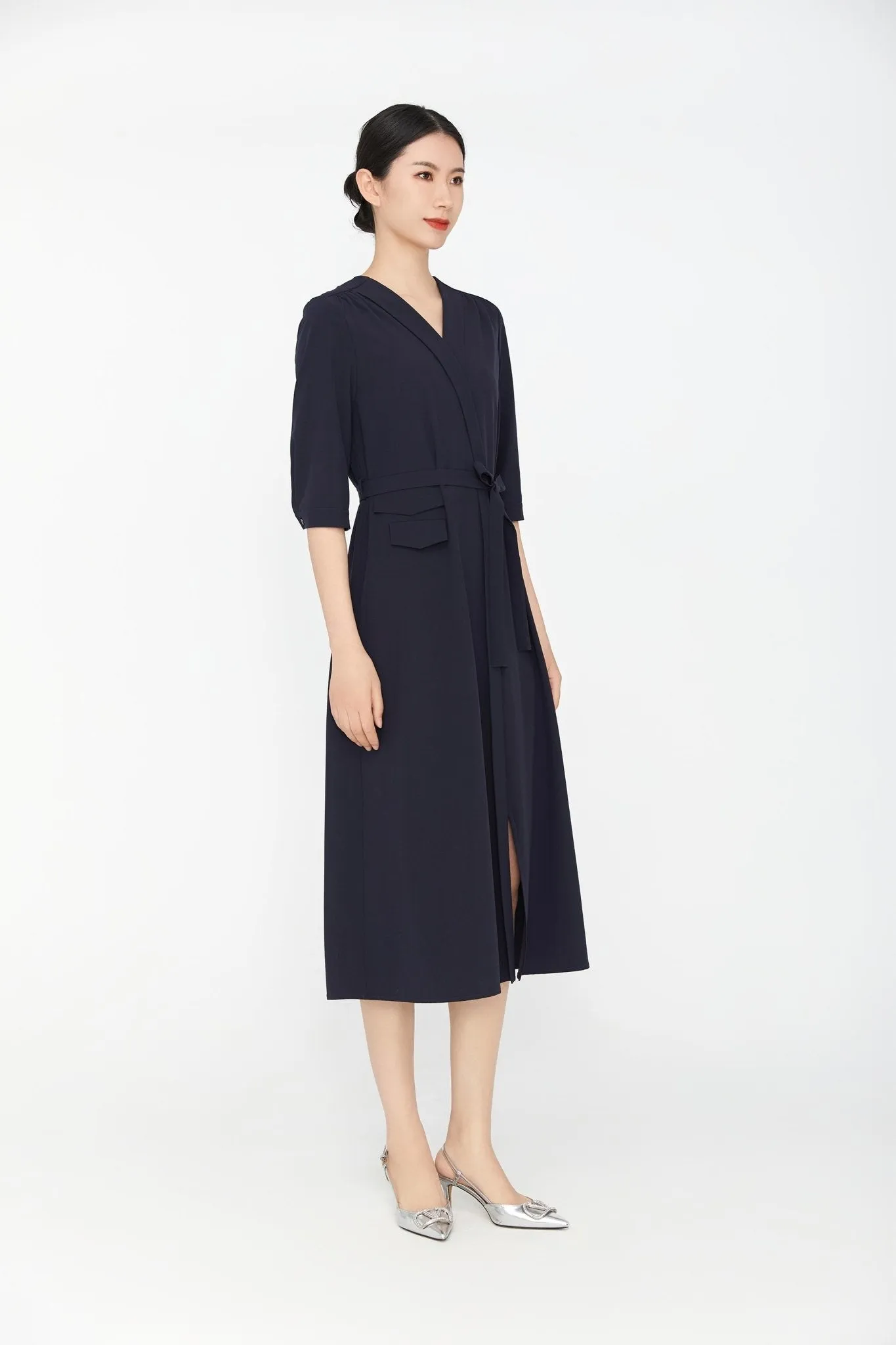 Navy Blue Belted V-neck Maxi Dresses