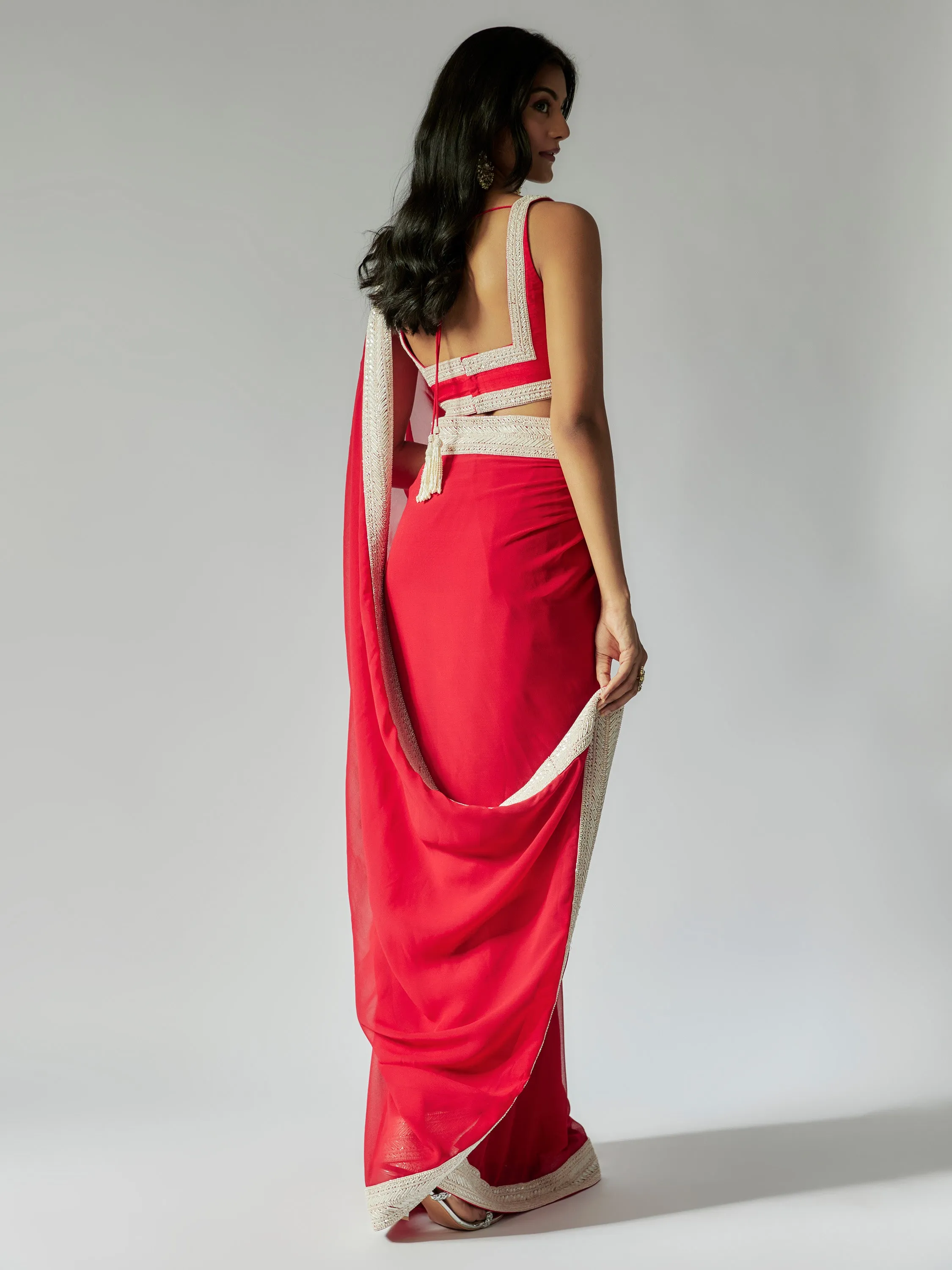Red Georgette Saree with Ivory Border