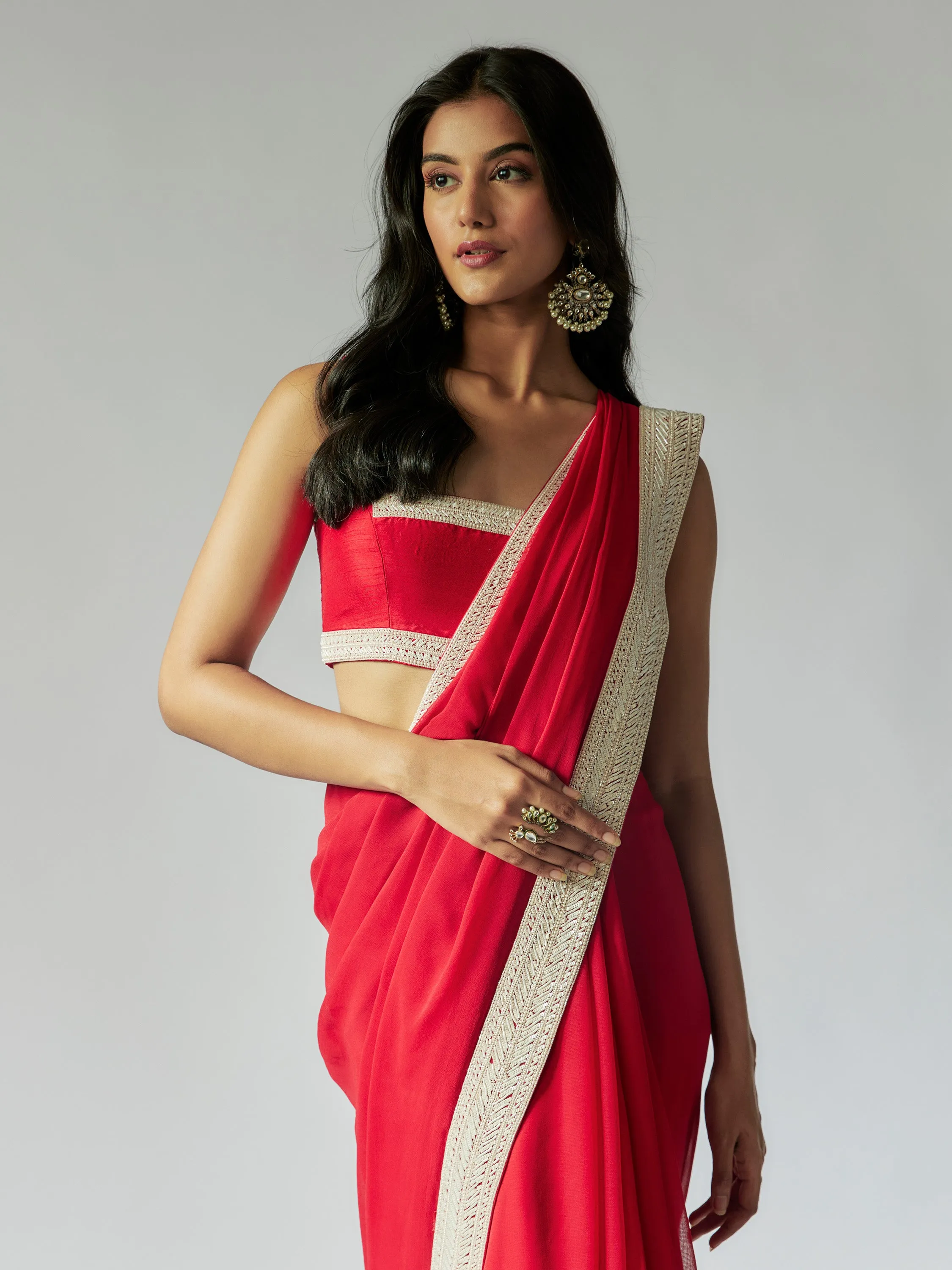 Red Georgette Saree with Ivory Border