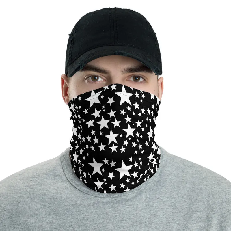 White Black Star Face Mask, Shield Covering, Neck Gaiter Warmer Bandana-Made in USA/EU
