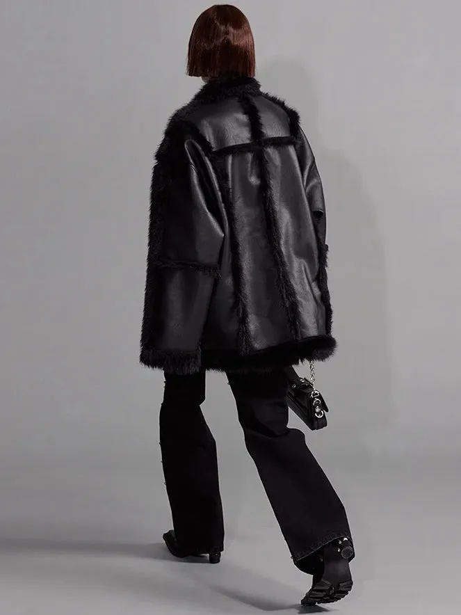 Womens Fur Faux Leather Shearling Motorcycle Oversized Jacket Coat