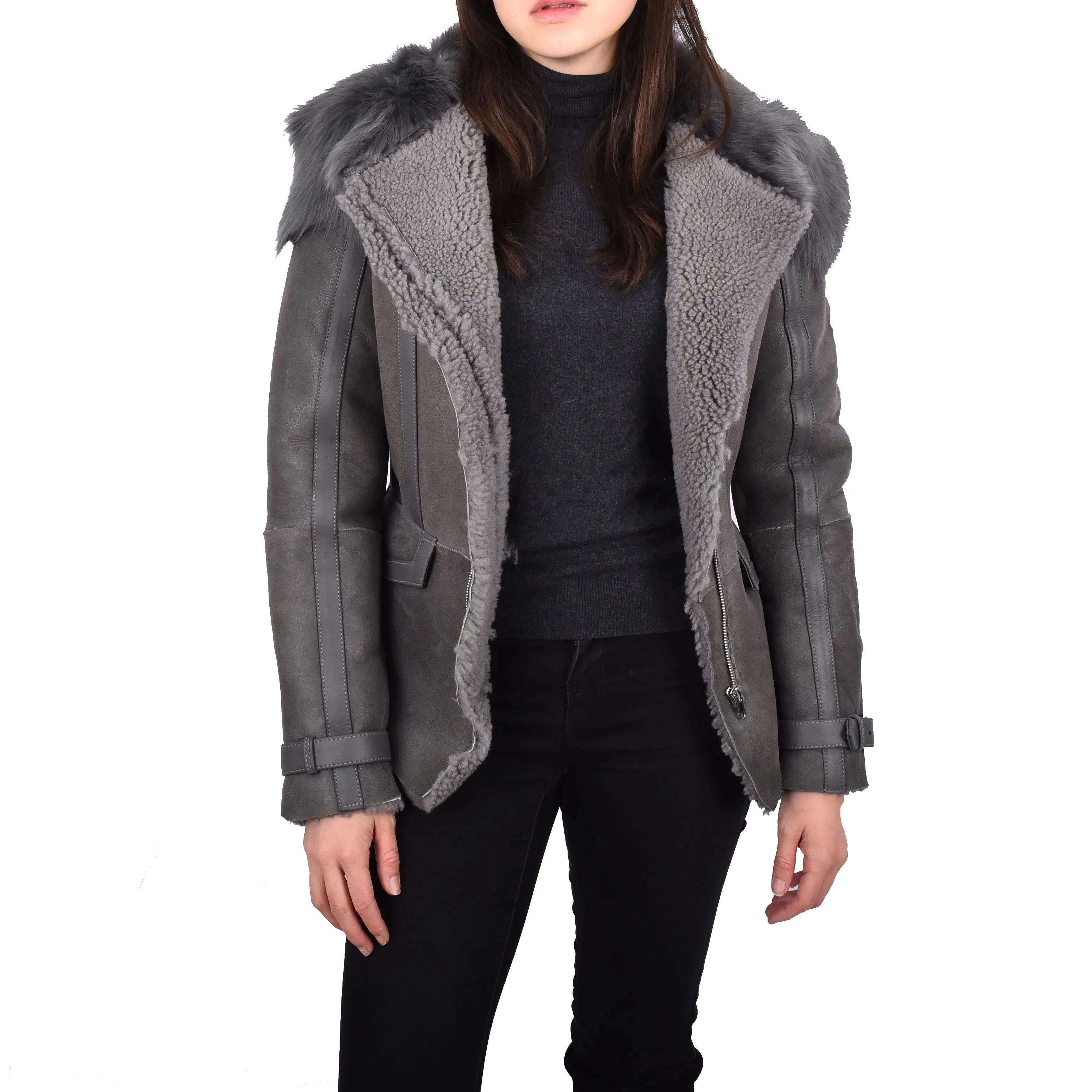 Womens Shearling Sheepskin Toscana Flying Jacket Hanna Grey
